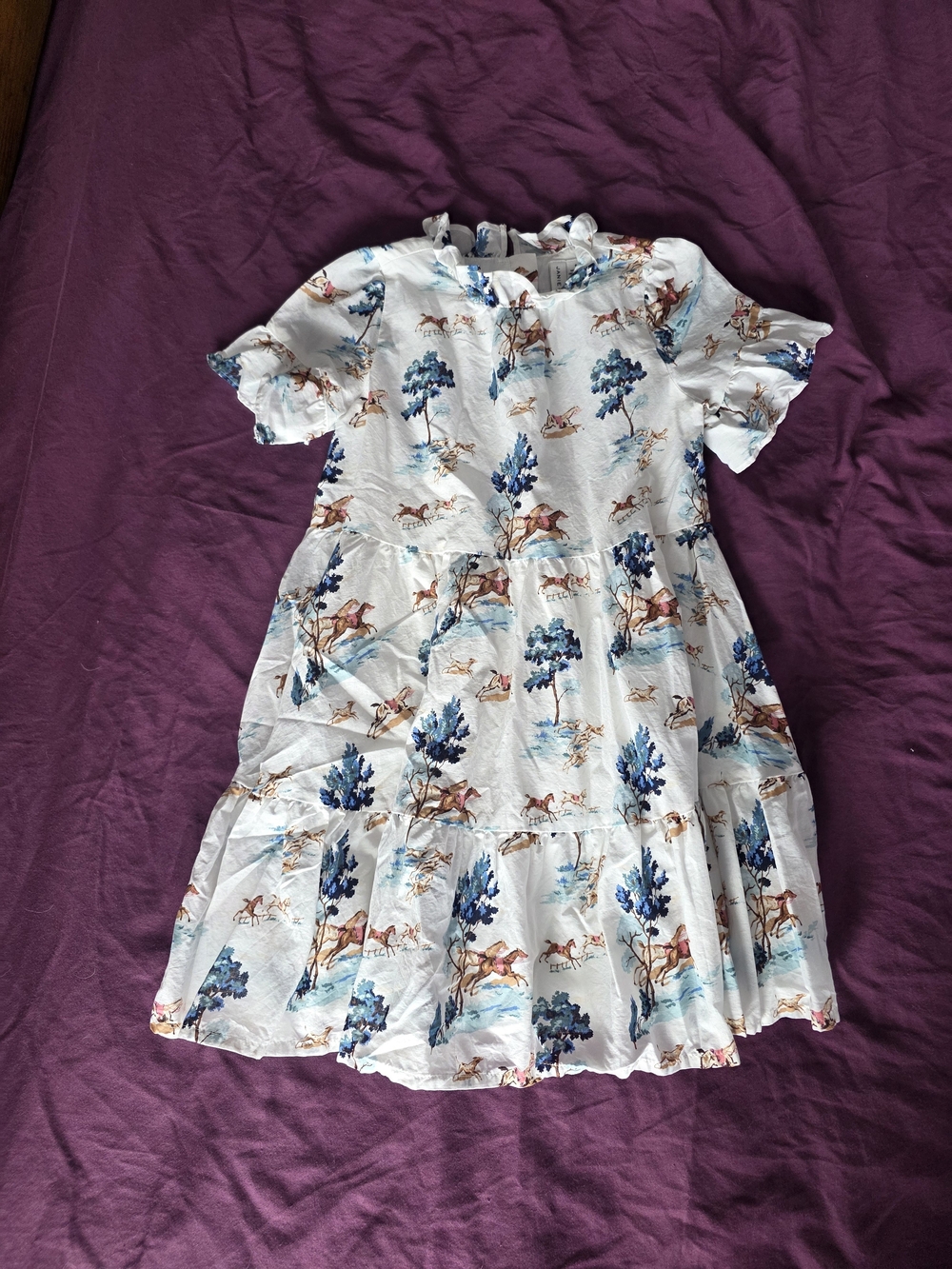 Janie and Jack White Dress with Blue and Brown Horse & Tree Print